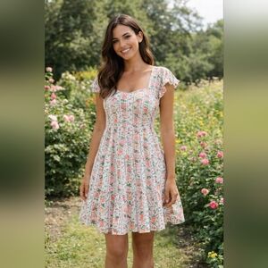 Mable Floral Tiered Mini Dress Women’s Large Pink Green Cottagecore